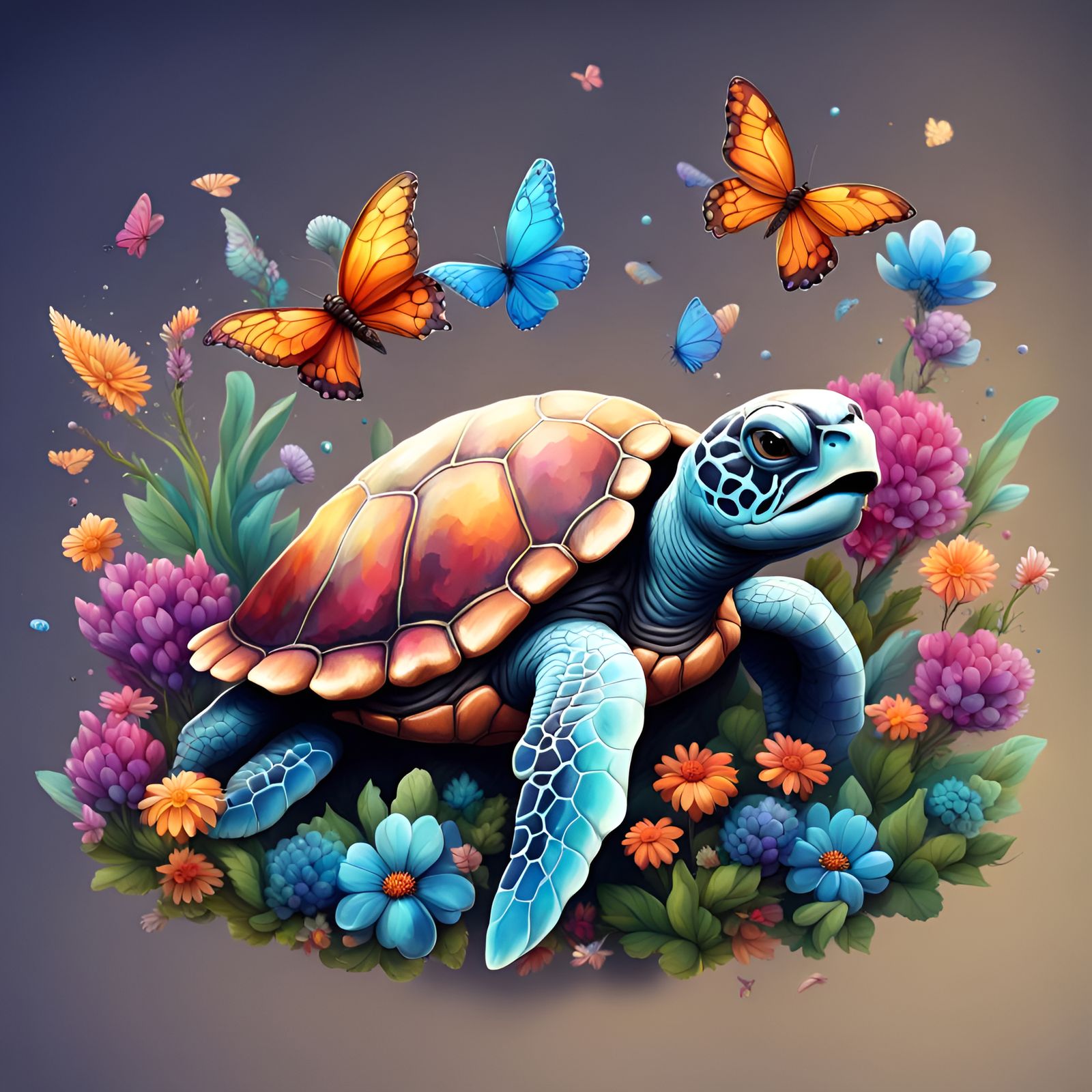 Cute Baby Turtle with Colorful Floral Background