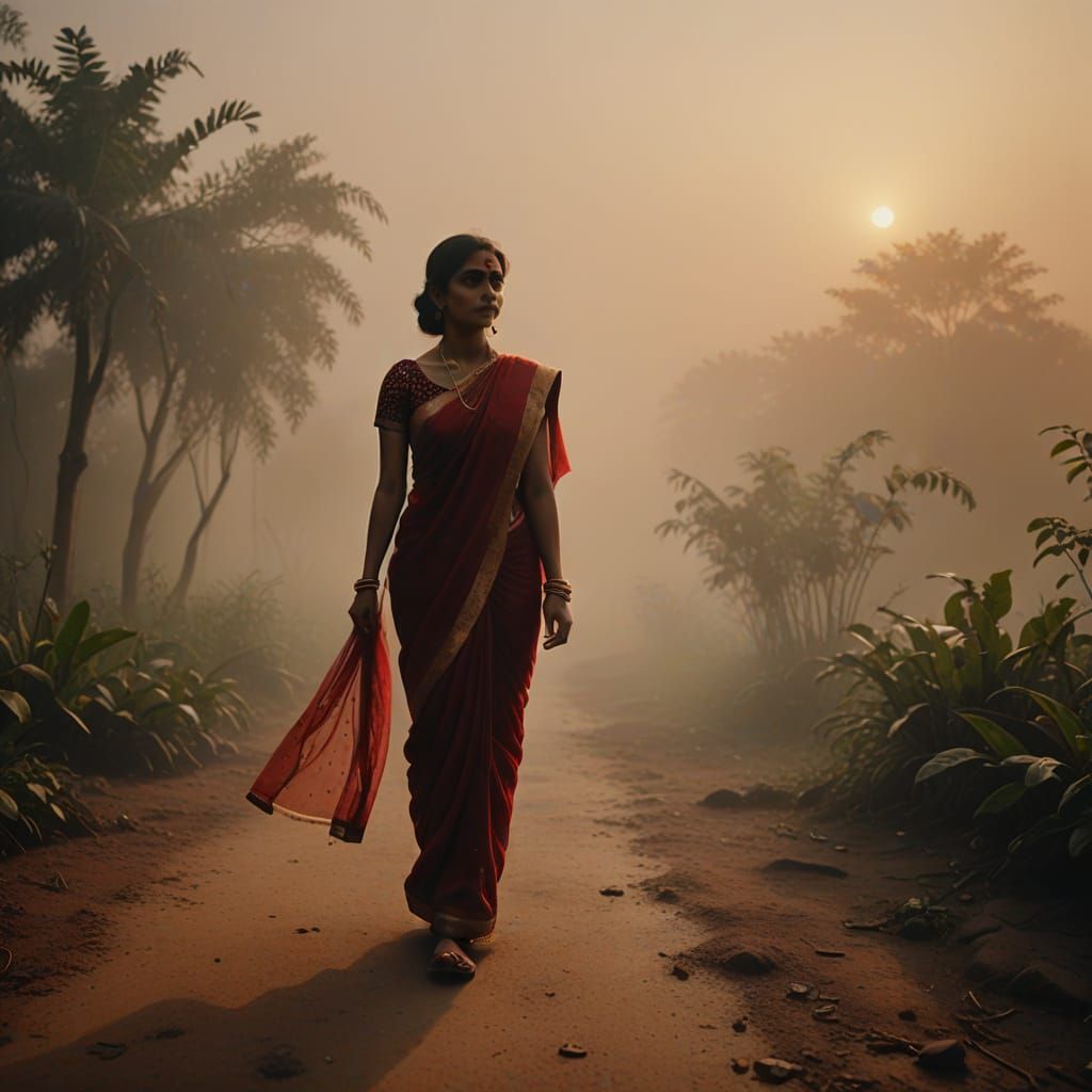 Woman in Red Saree Walks Into Glowing Mist