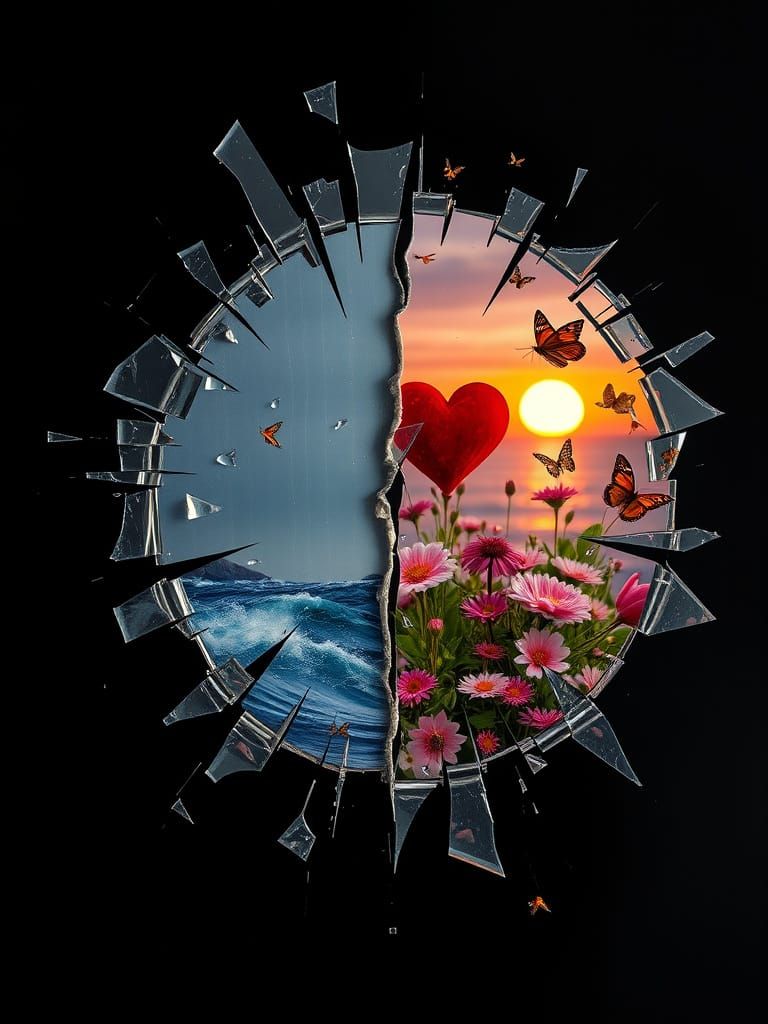 Mesmerizing Double Exposure Artwork with Shattered Mirror an...