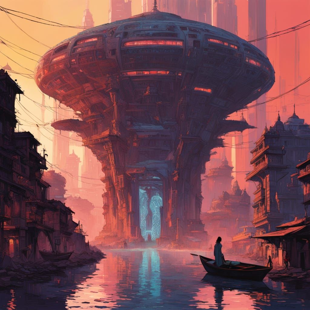 Cyberpunk Varanasi: A Futuristic Jogi in a Neon-Lit Boat