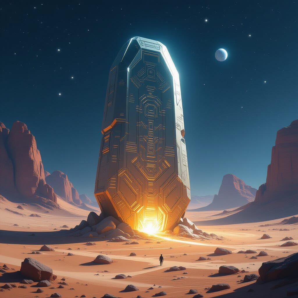 Ancient Alien Artifact in Crystalline Desert, Sci-Fi Concept...
