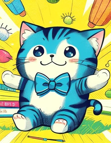 Cute Cartoon Cat in Whimsical Line Art Style