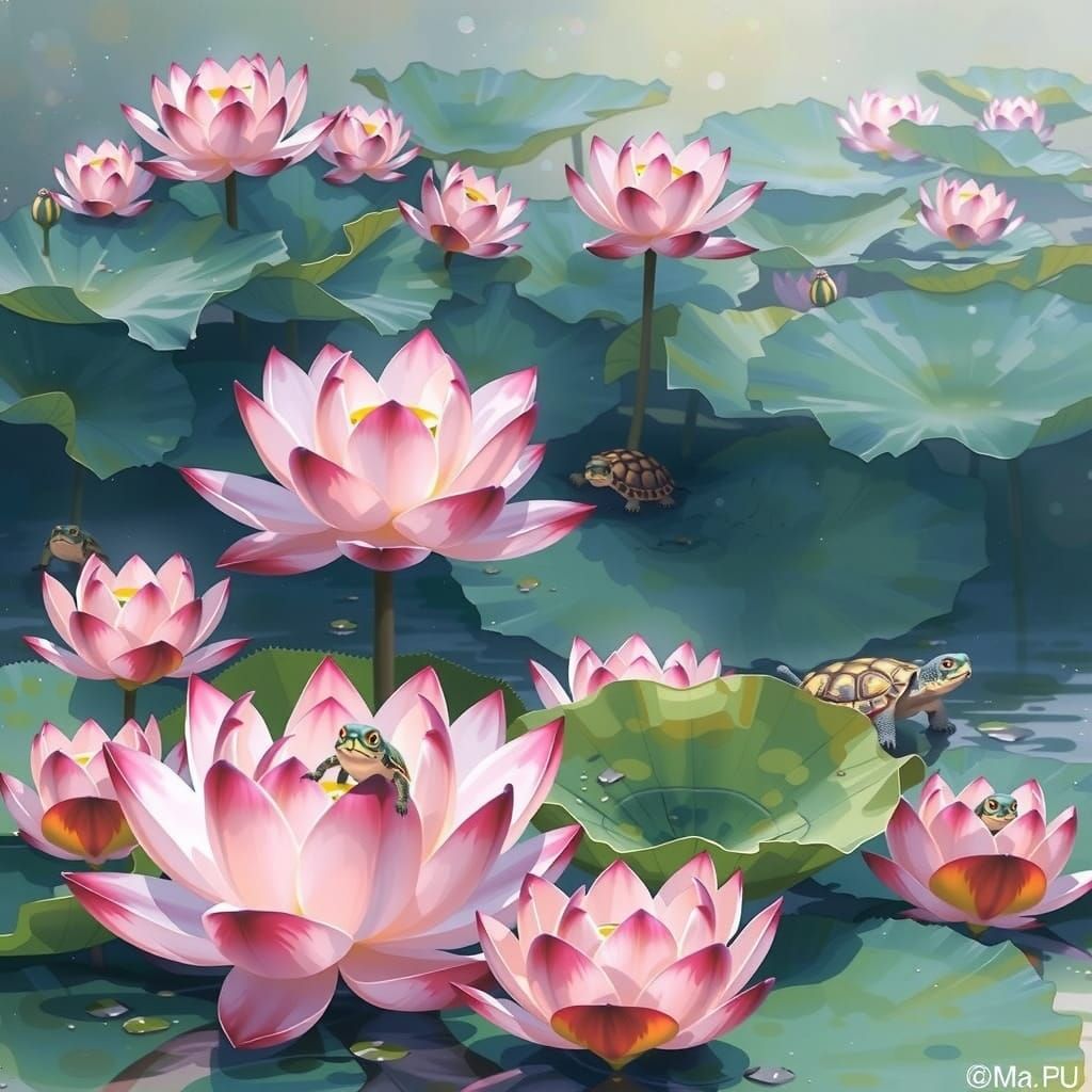 Floating Lotus Blooms in a Serene Miyazaki-Inspired Pond