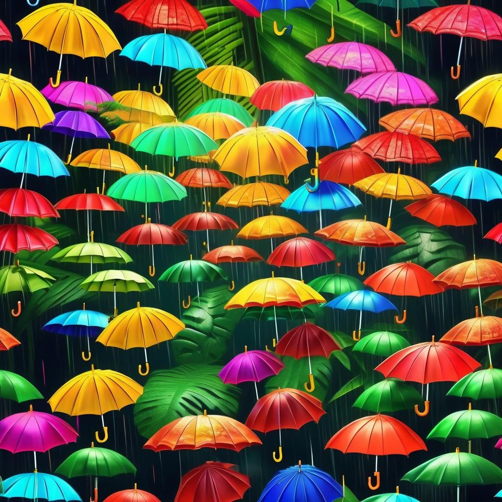 Colorful Umbrellas in Hyperrealistic Rainforest Scene