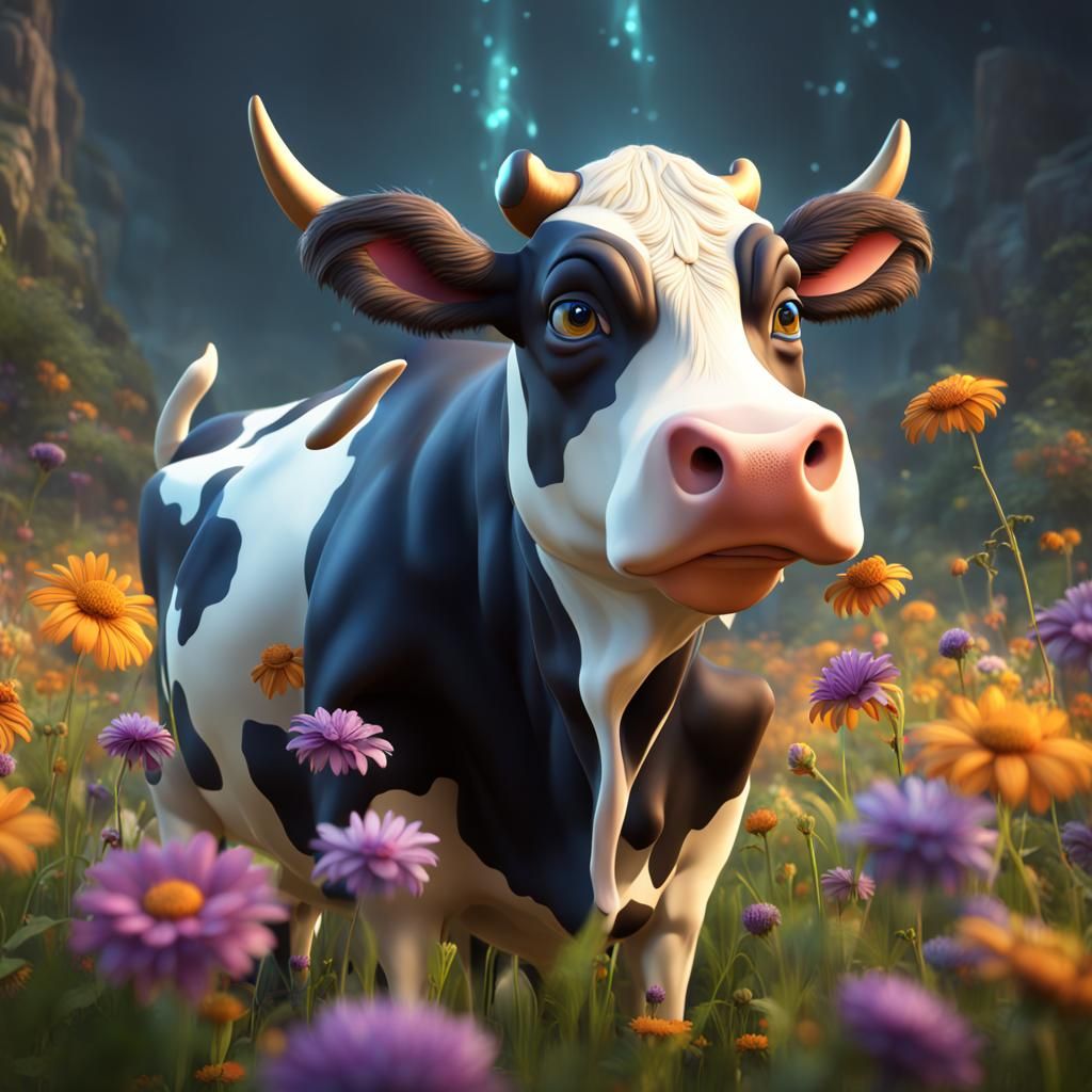 Cute Cow Lifting Weights in Flower Field