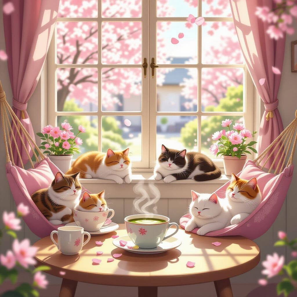 Sunlit Cat Café with Cherry Blossoms