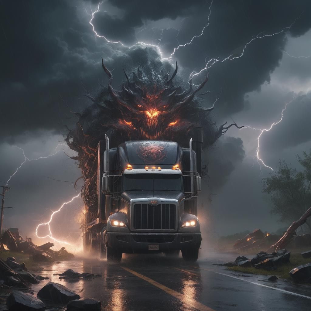 Demonic Semi Truck in Violent Thunderstorm
