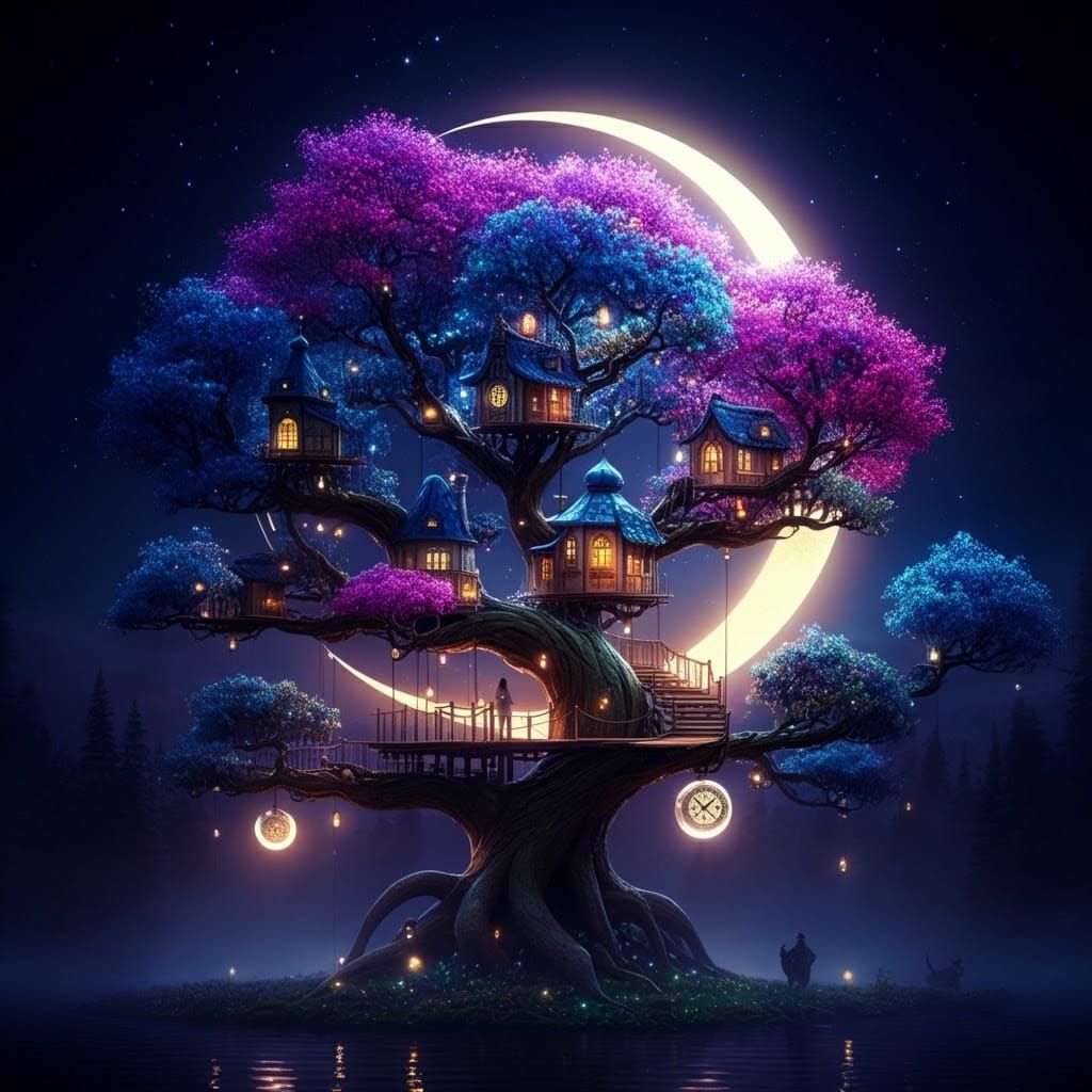 Crystal Rose Treehouse Village Under Golden Sun