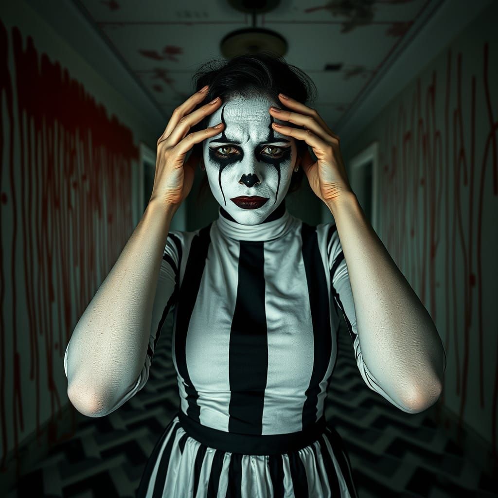 Mime Figure Overwhelmed by the Shadows of a Haunted Asylum