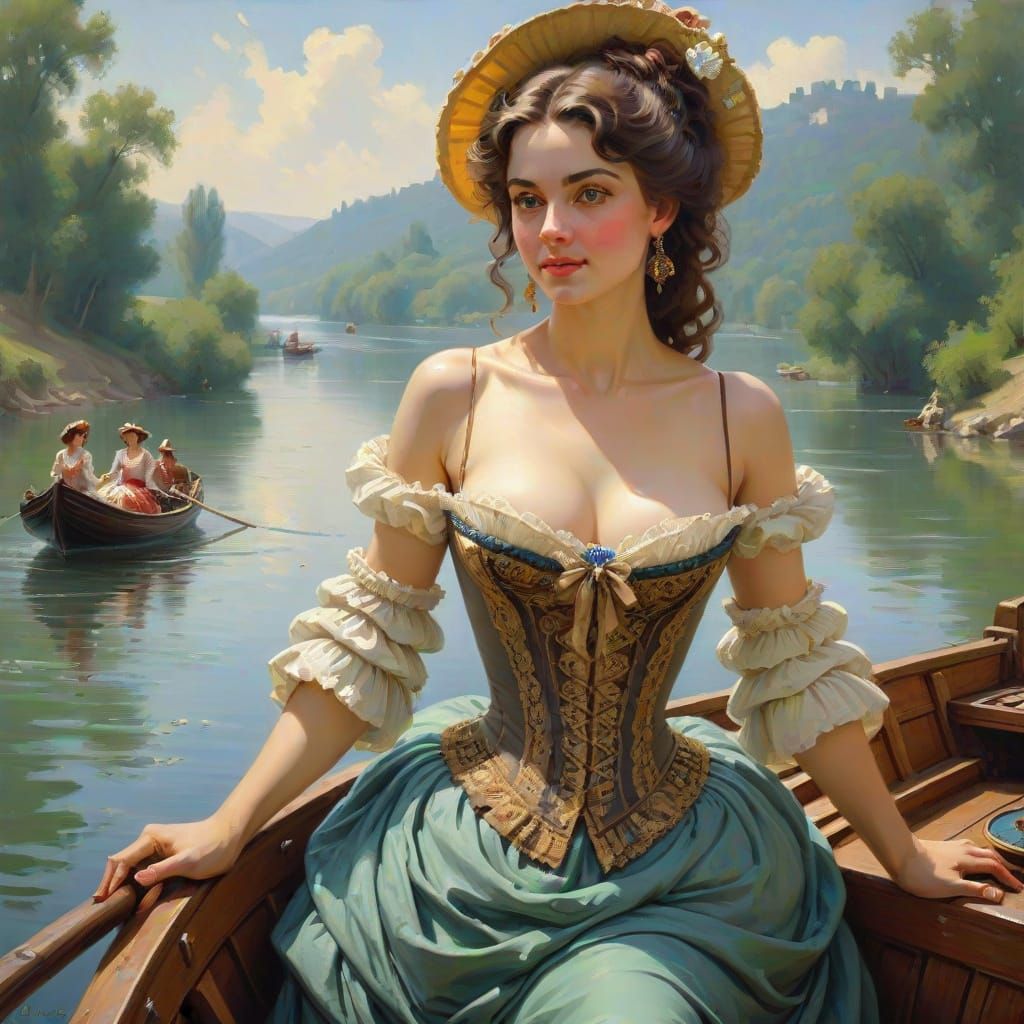 Rococo Woman on River Boat Painting