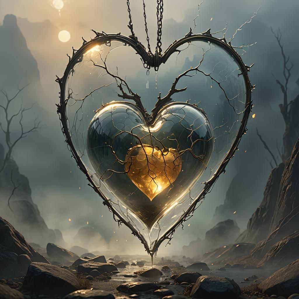 Cracking Glass Heart in Golden Light