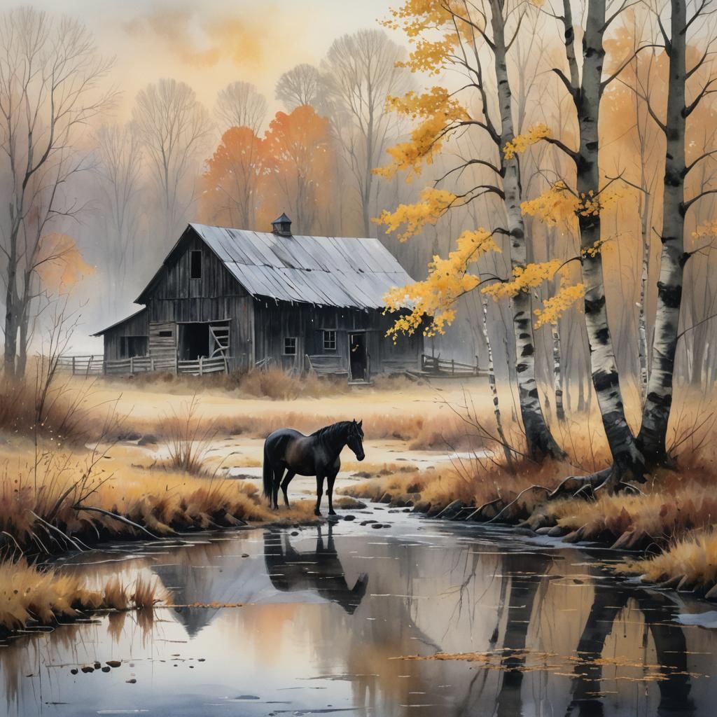 Yellow birch/ horse and barn