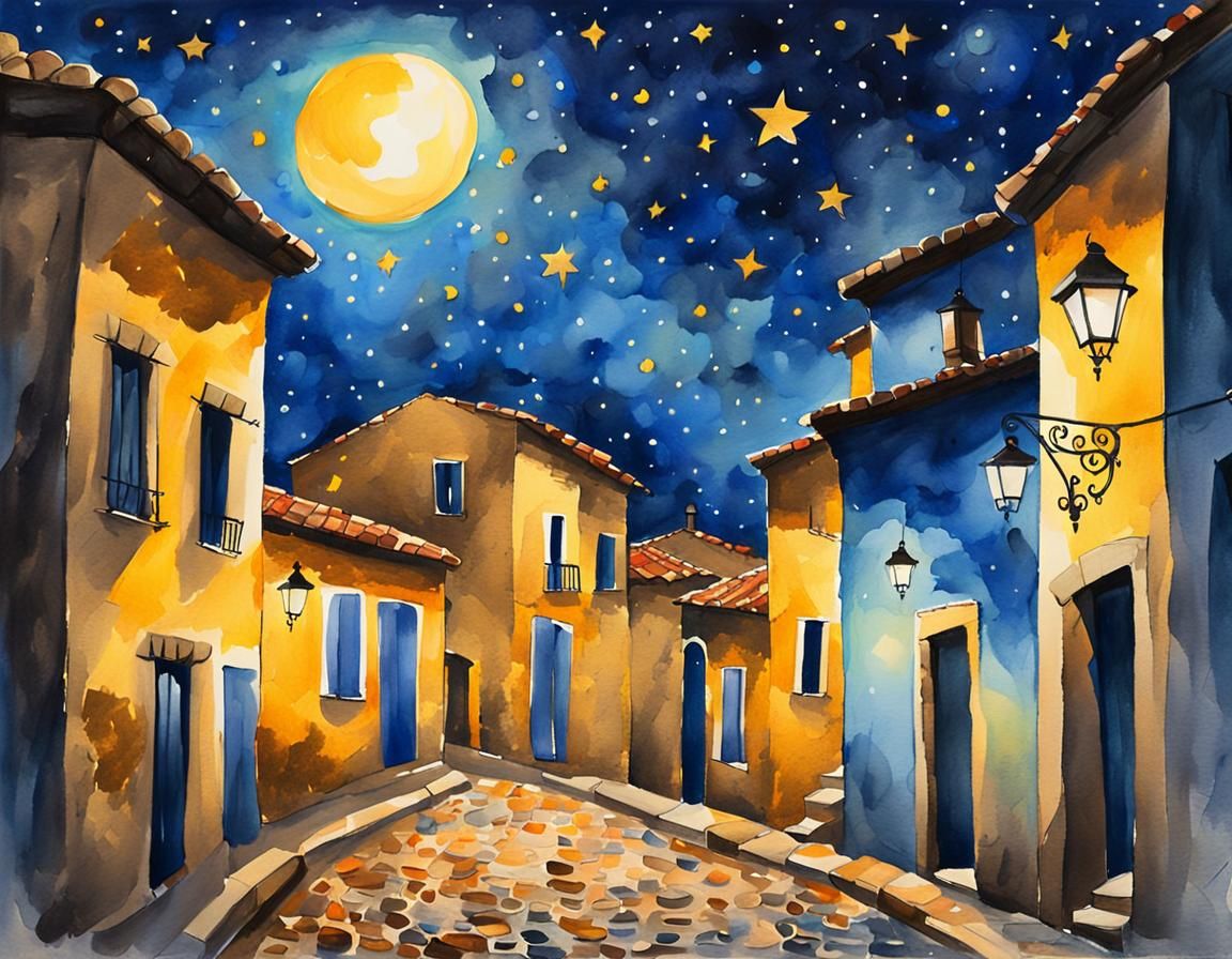 Spanish Village Nocturne in Impressionist Watercolor