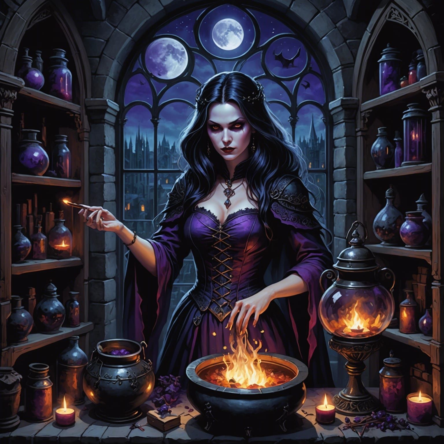 Vampire Sorceress Conjuring Spirits in Gothic Chamber