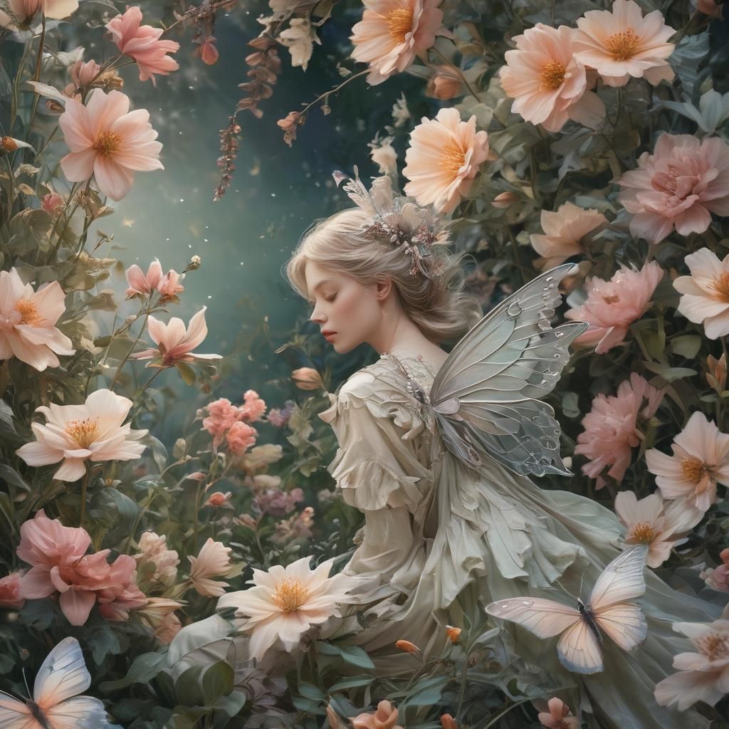 In a magical garden bathed in the soft glow of a full moon, ...