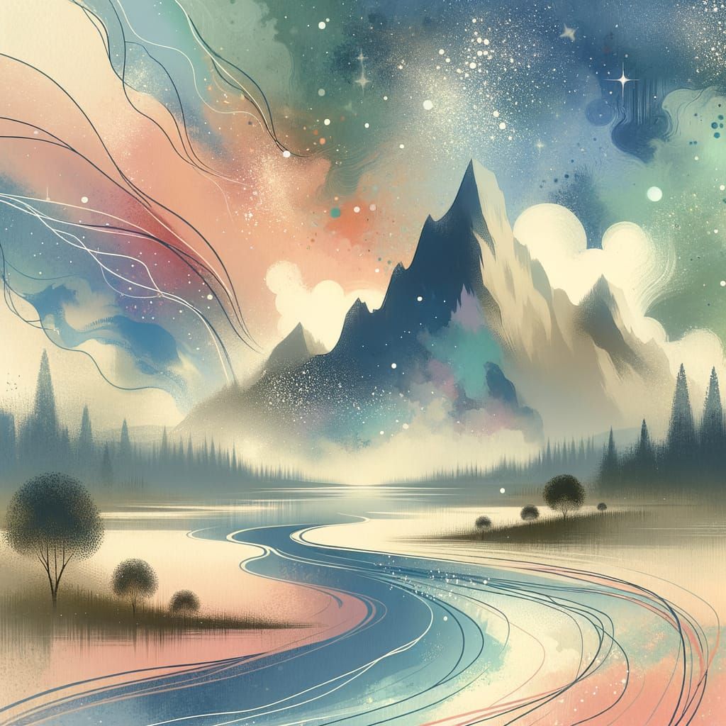 Ethereal Mountain Landscape in Impressionist Style with Cele...