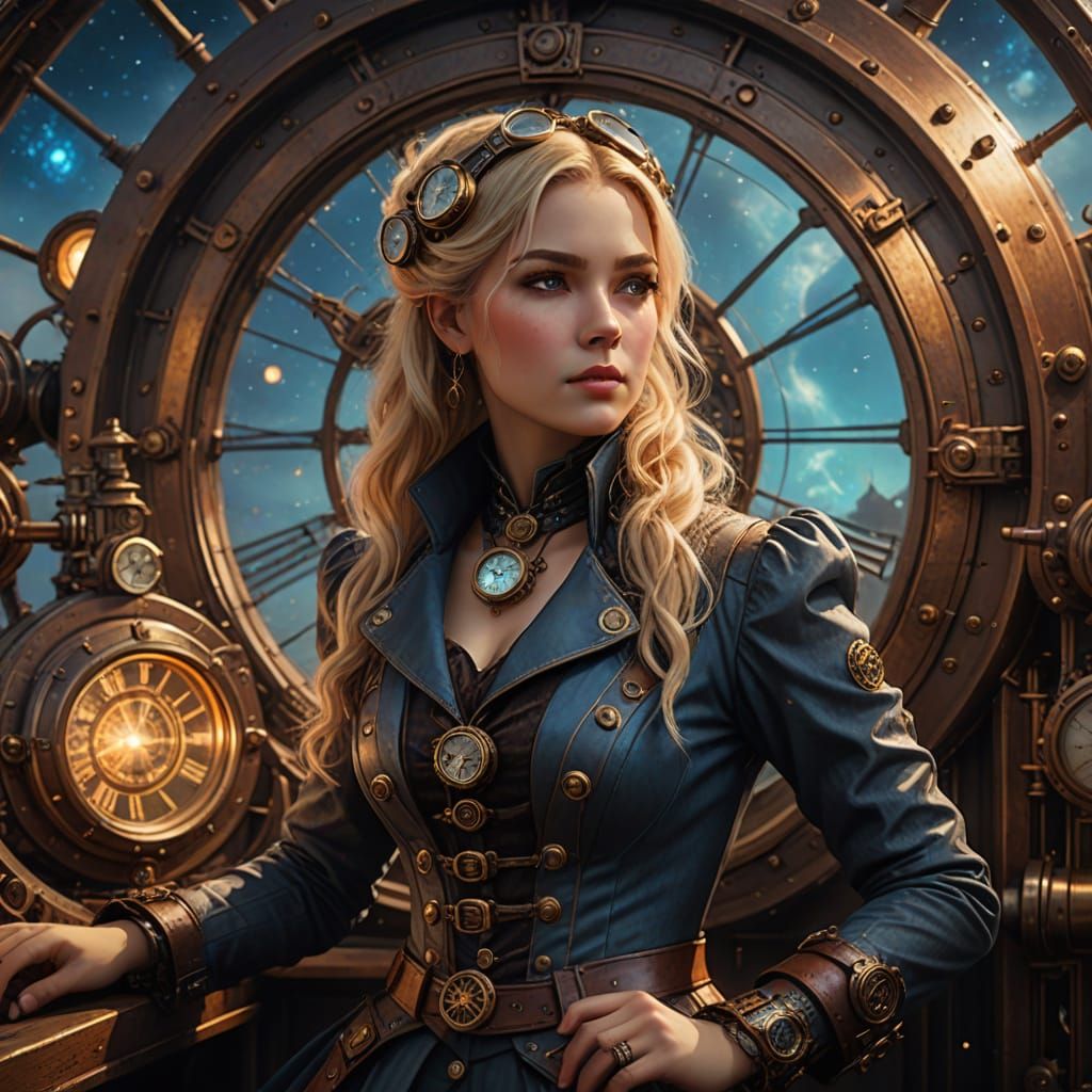 Steampunk Time Machine With Ethereal Blond Woman