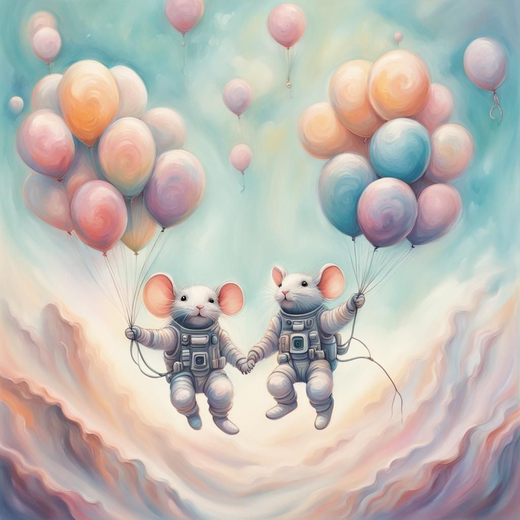 Astronaut Mice Skydiving with Balloons in Pastel Colors