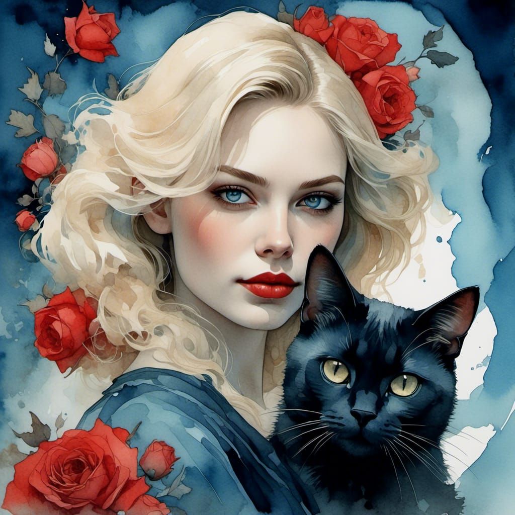 Woman with Black Cat in Watercolor Swirl