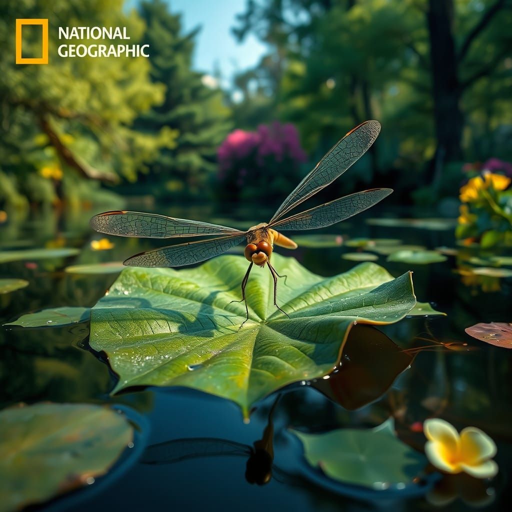 Dragonfly Macro View on Pond Leaf