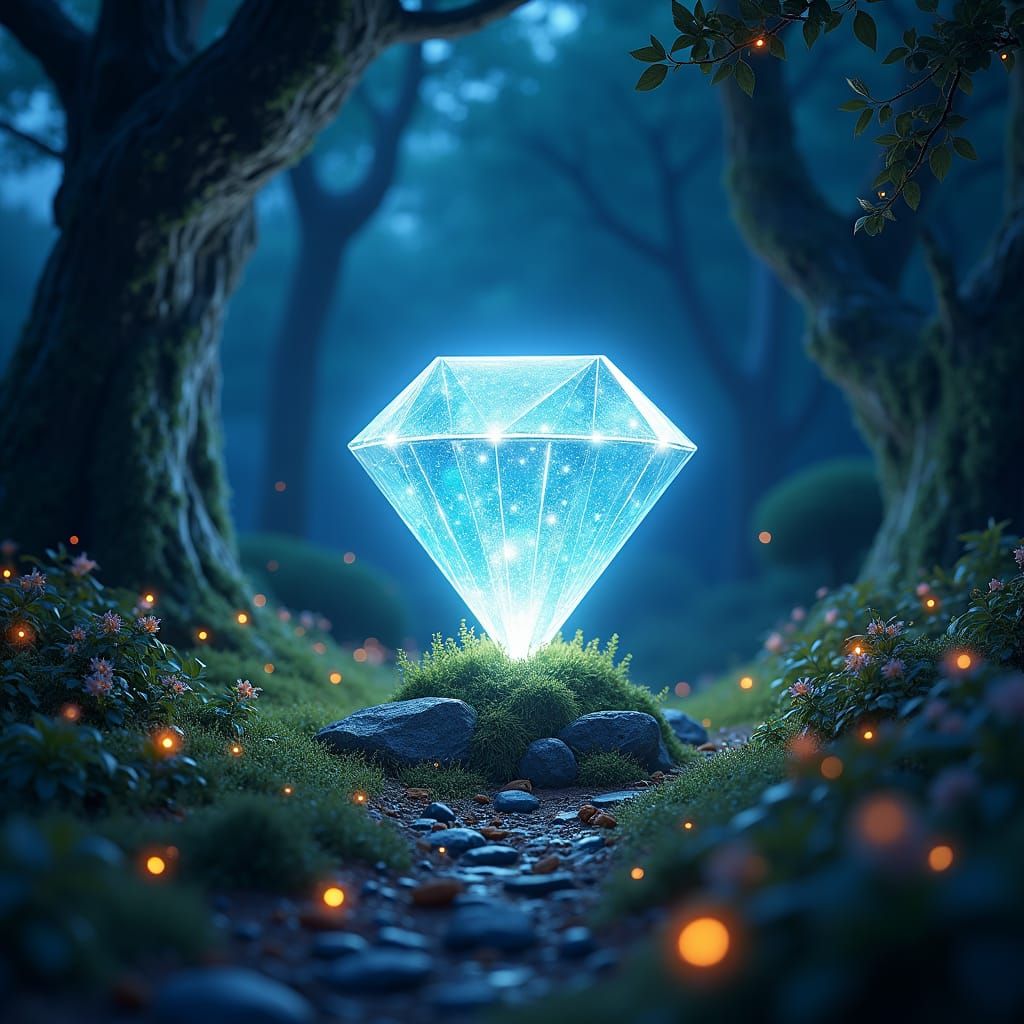 Glowing Magical Diamond in Mystical Night Landscape
