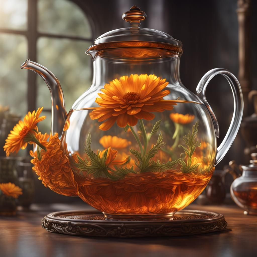 Calendula Tea in Glass Teapot: Detailed Matte Painting