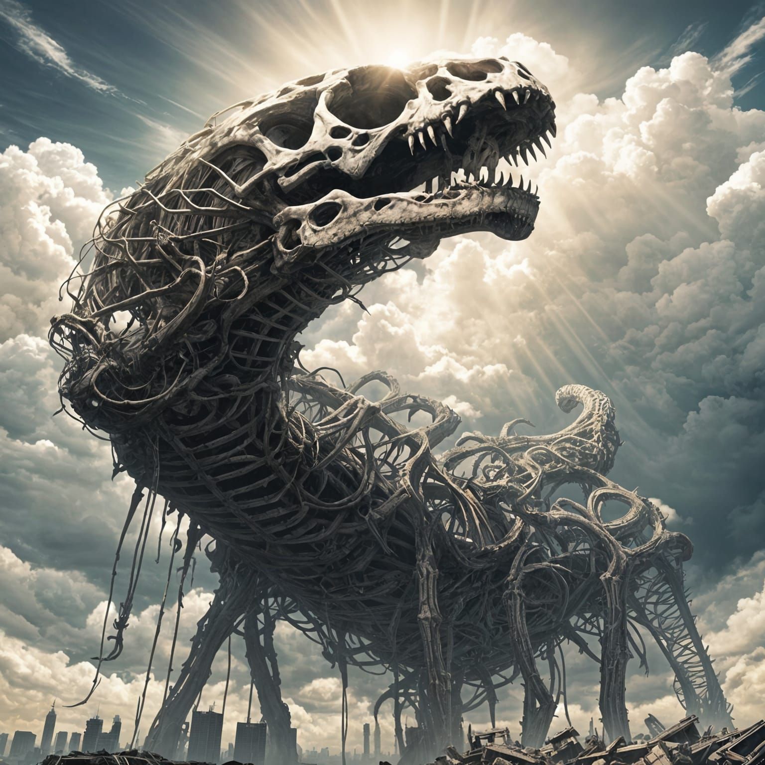 Gigantic Skeletal Kaiju Silhouette in Dusty Sunbeams