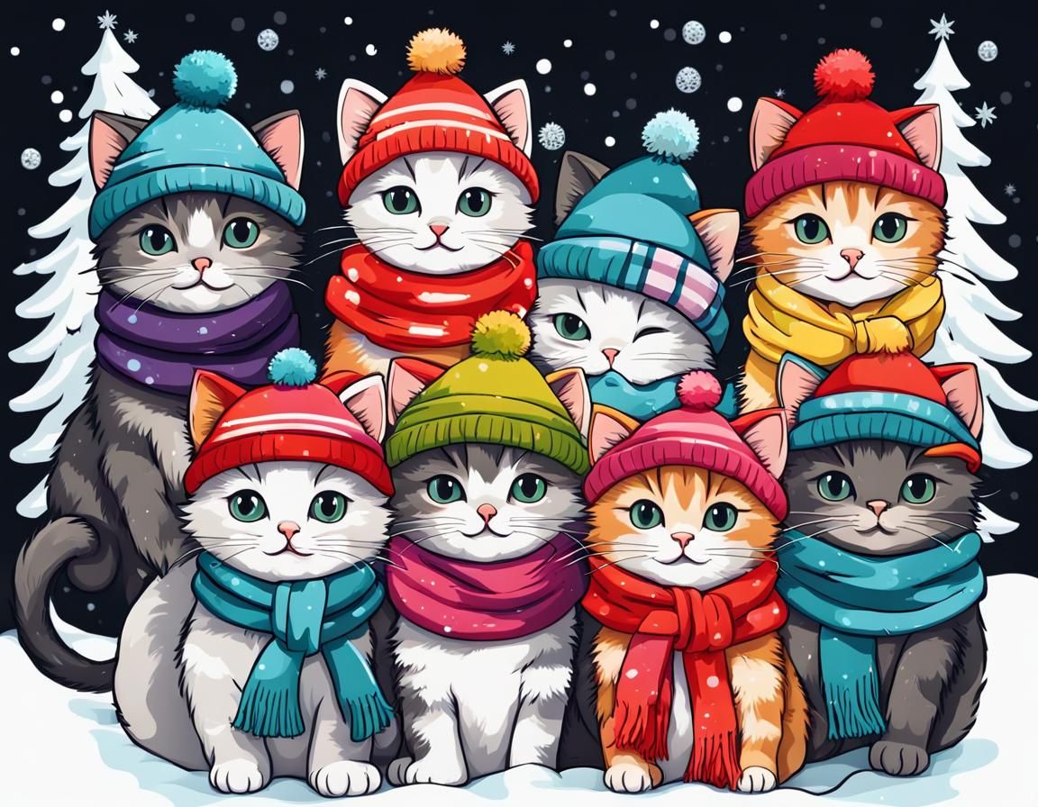Festive Kittens in Scarves on Snowy Background