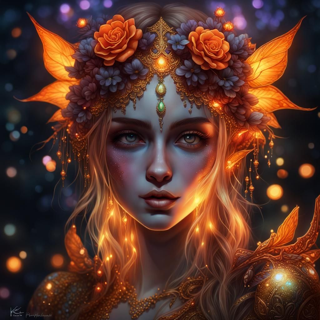 Glittering Elf with Flowers in Dark Orange Colors