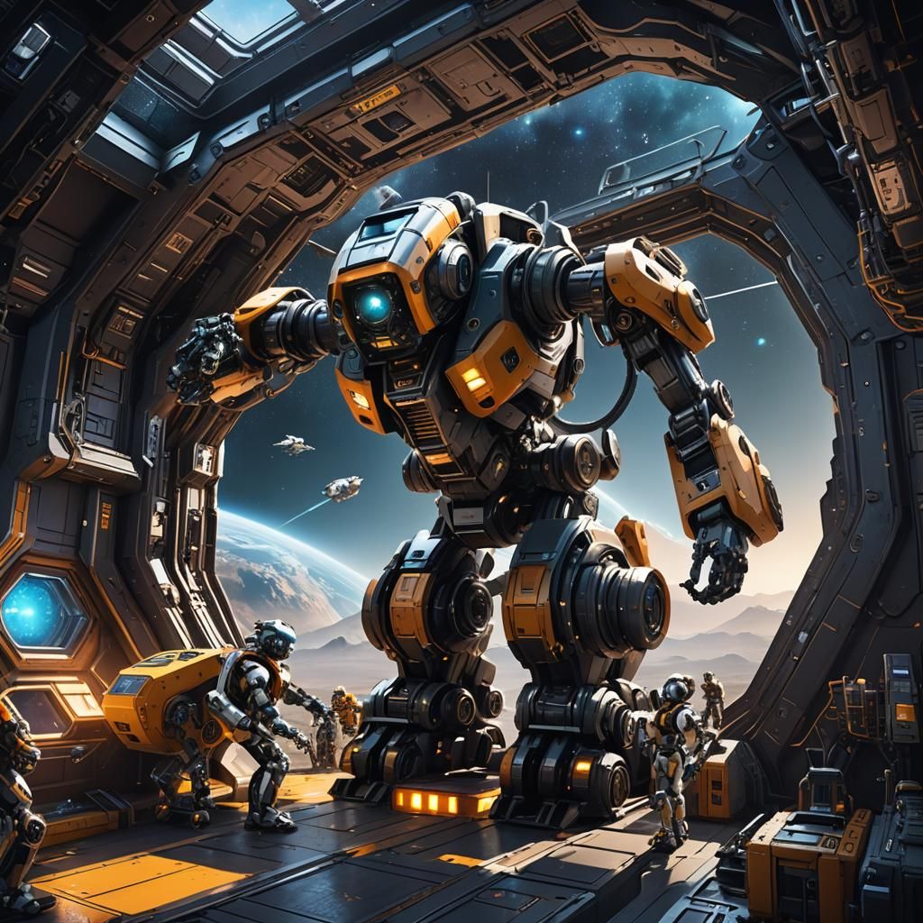 Robots Load Cargo onto Spaceship: Detailed Matte Painting