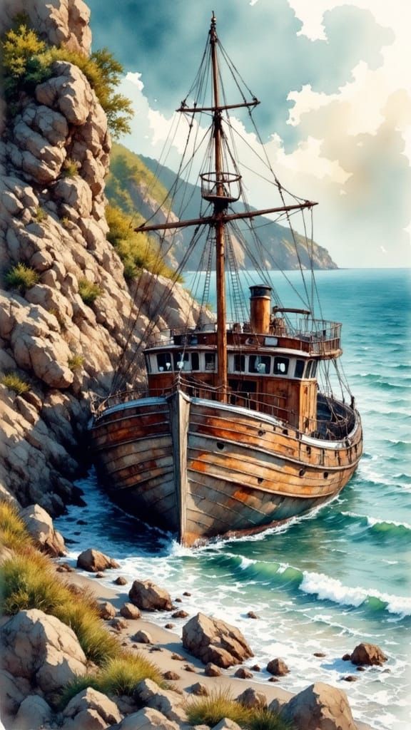 Shipwreck on Rocky Coast in Watercolor Style