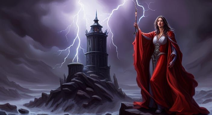 Female Warlock Summons Lightning on Tower