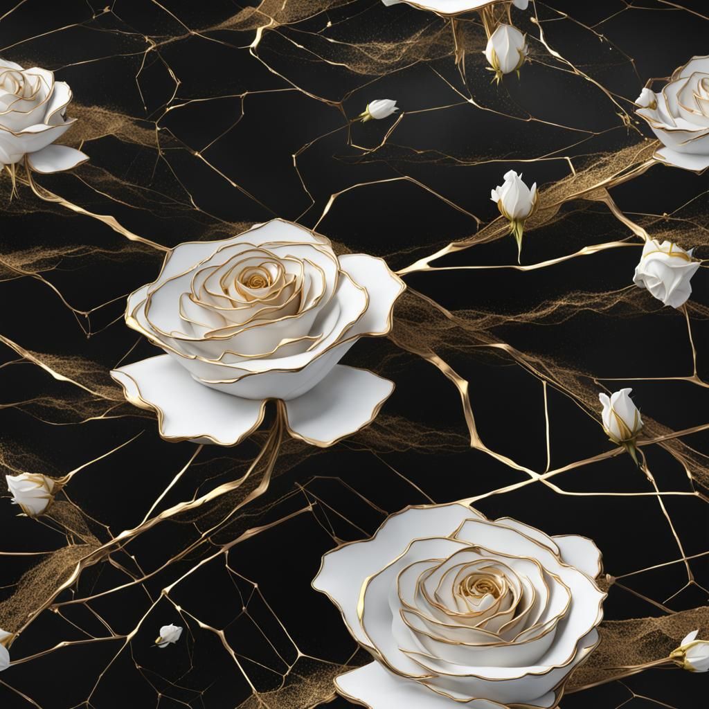 Kintsugi White Rose on Black Background