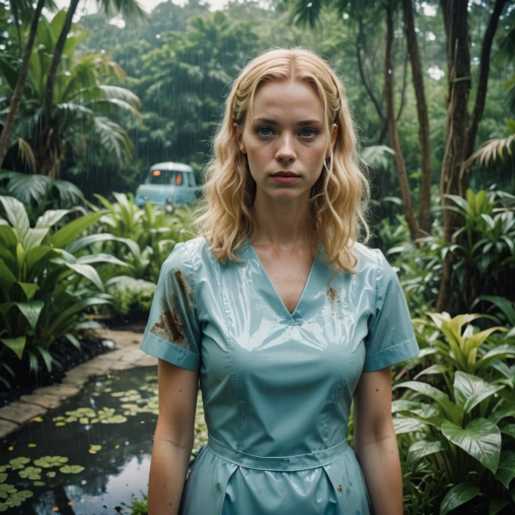 Blonde Woman in Blue Nurse Outfit in Rain Garden