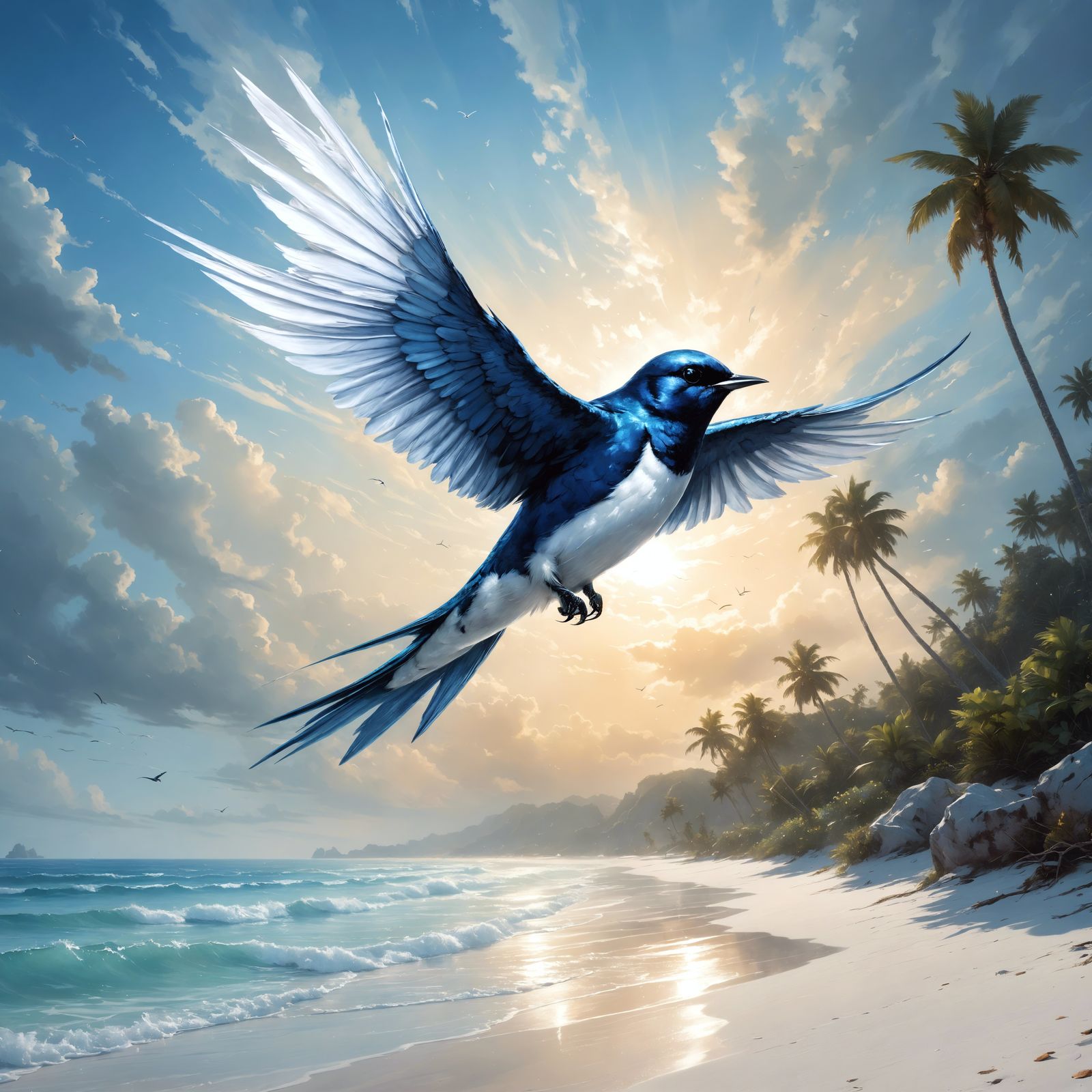 Iridescent Swallow Soaring Over White Beach: Fantasy Paintin...