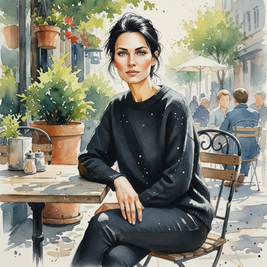Impressionistic Watercolor Portrait of a Woman at Cafe