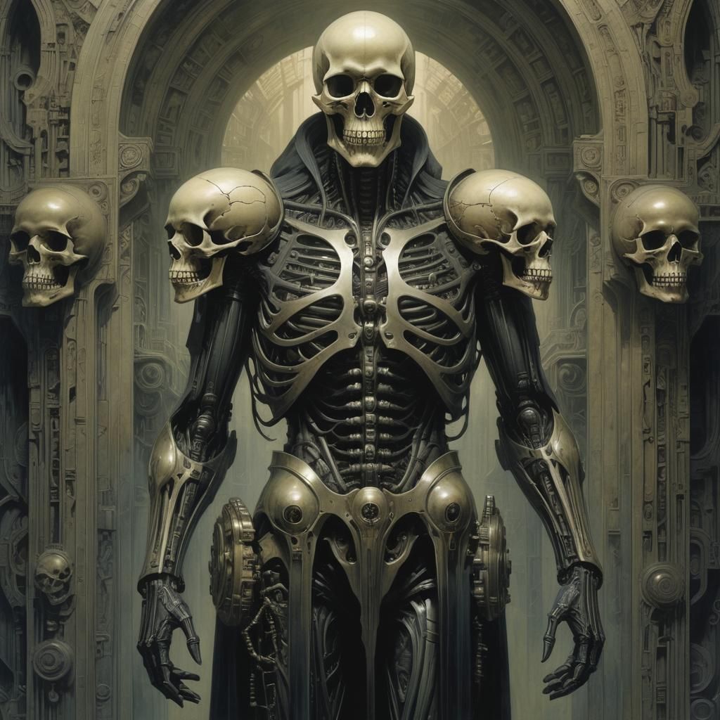 Cybergoth Horror Figure with Skull in Art Nouveau Style