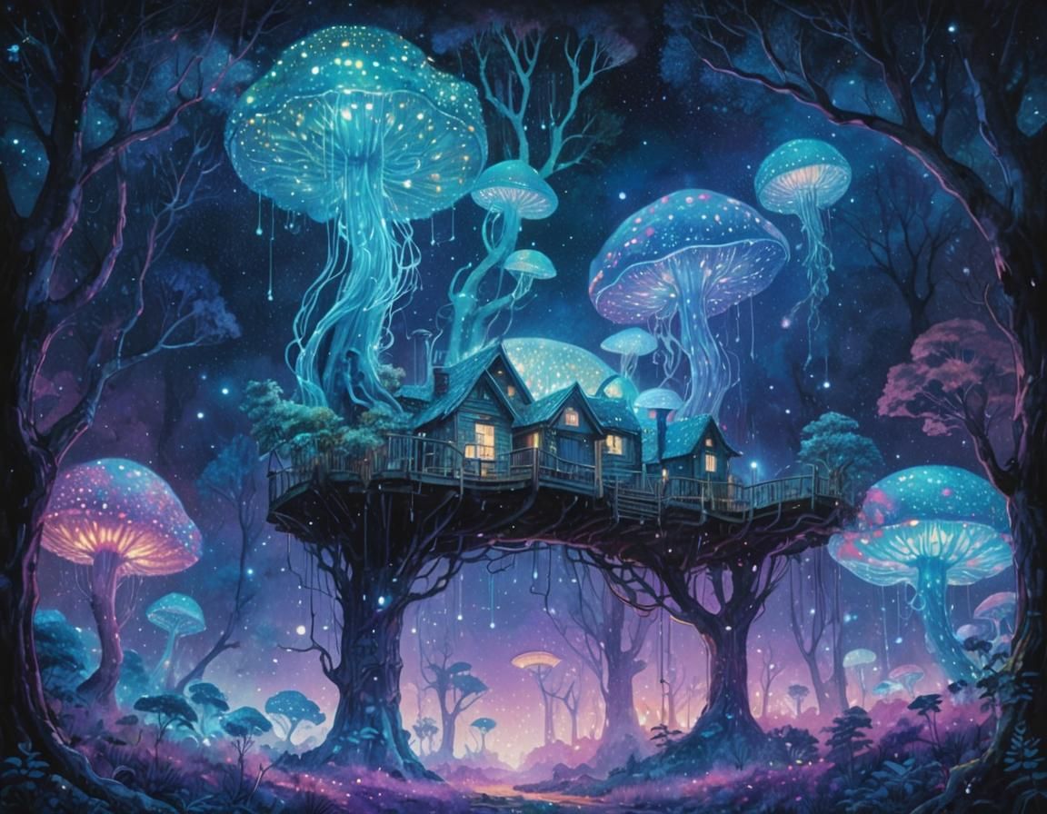 Extraterrestrial Forest: Pointillism Cosmic Illustration