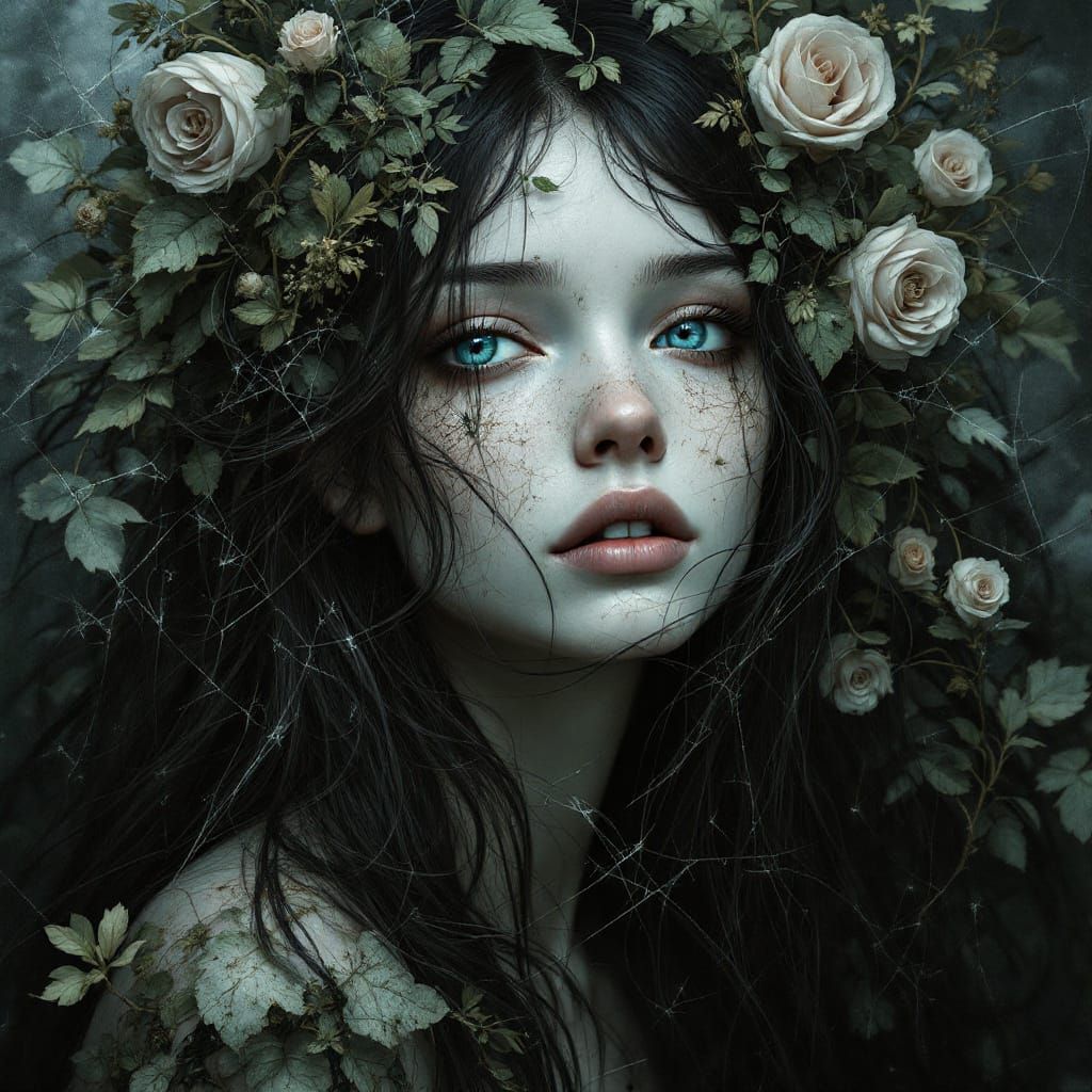 Botanical Fairy with Cracked Glass, Surreal Beauty