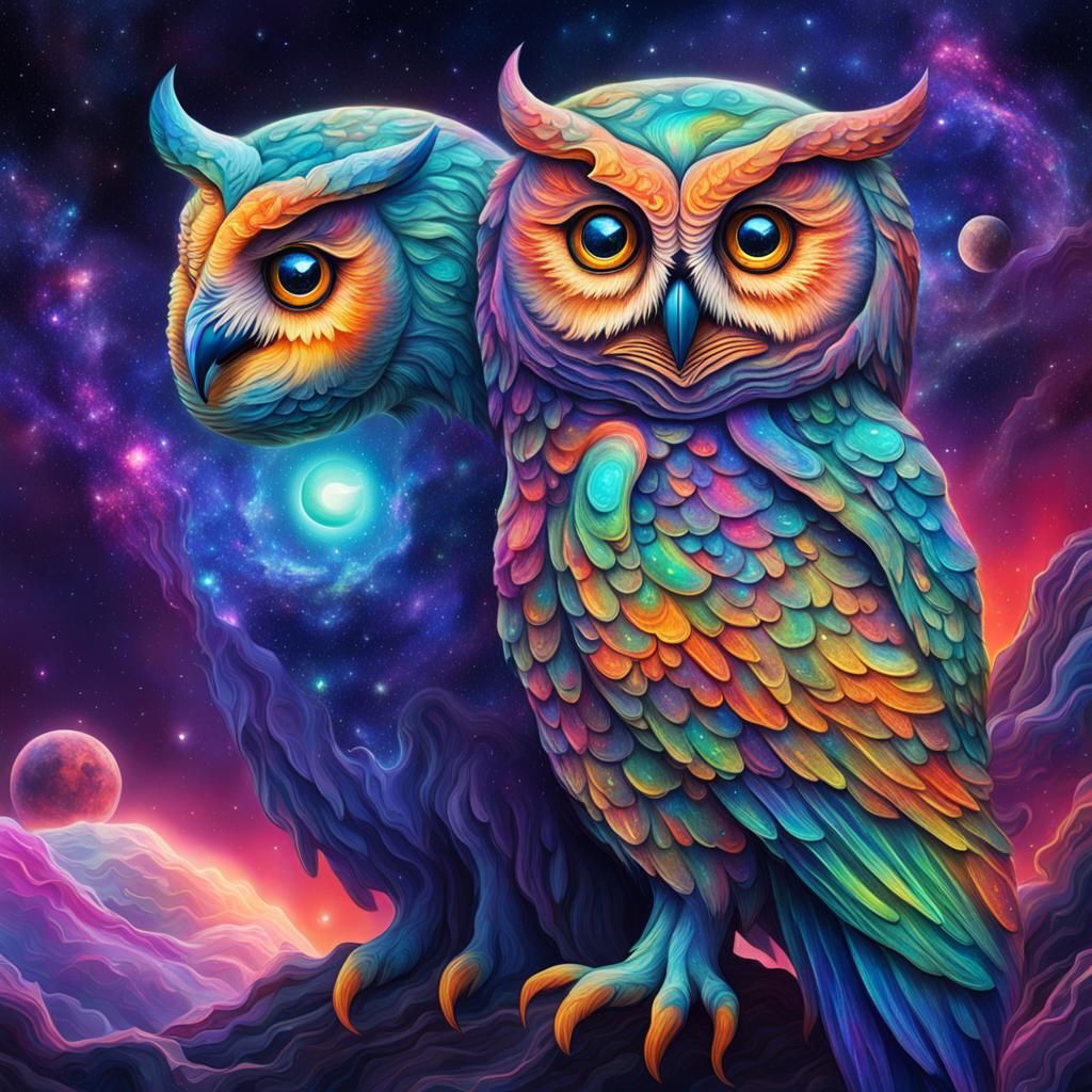 Galaxy Owl with Friend: Cosmic Holographic Illustration