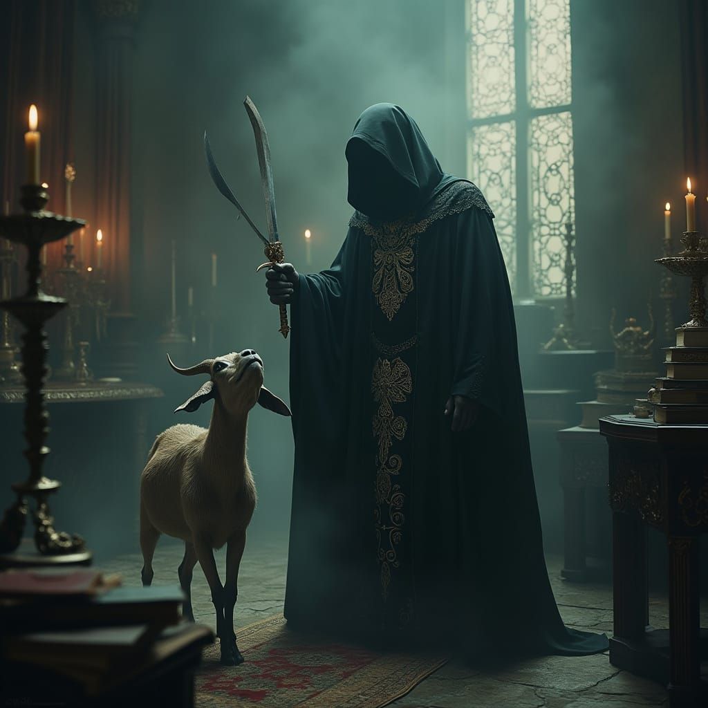 Satanic Priest in Dark Biomechanic Style Sacrifices Goat