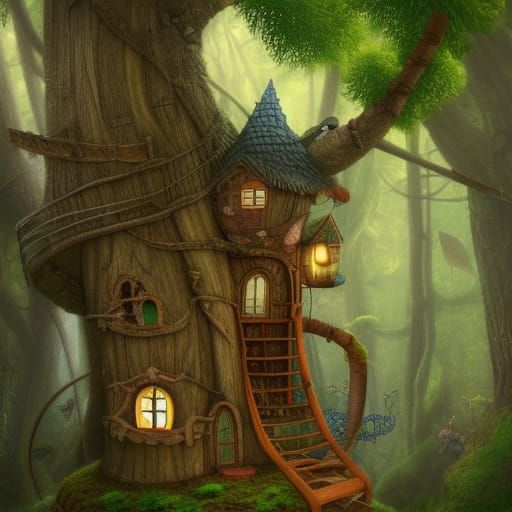 Enchanting Fairy Treehouse with Tiny Doors, Matte Painting