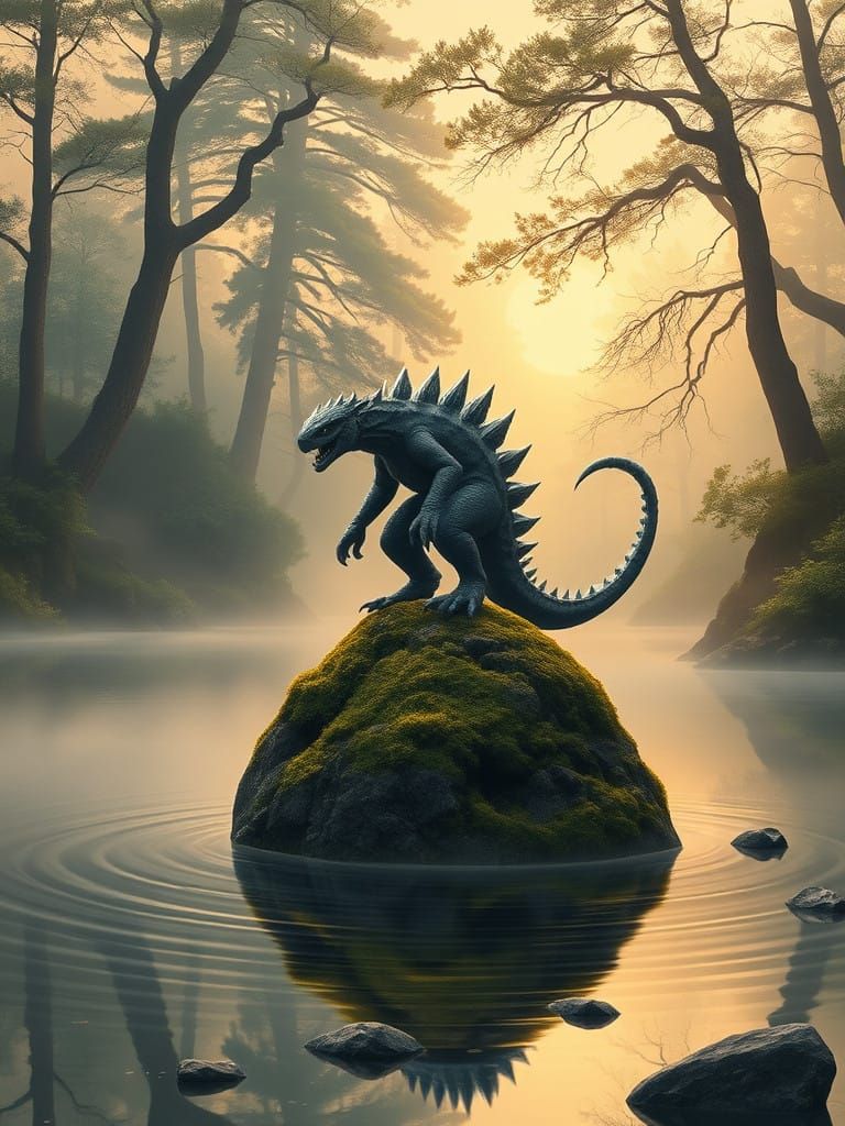 Whimsical Grey Kaiju Amidst Serene Lake Landscape