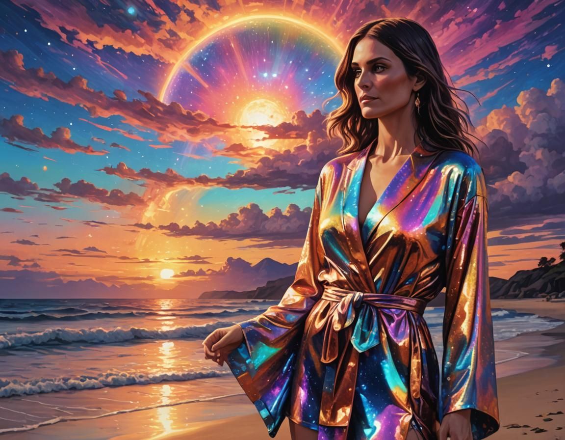 Woman Admiring Sunset in Holographic Cosmic Style
