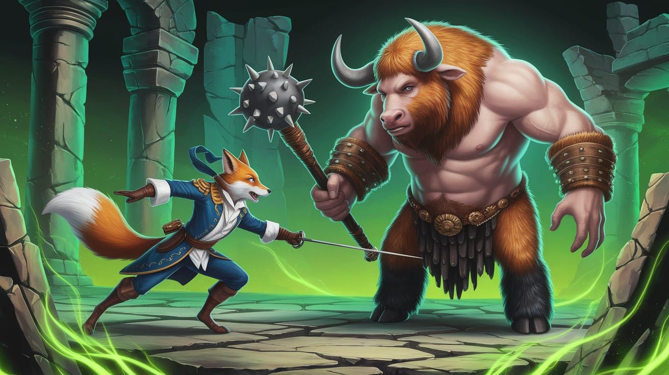 Fantasy Fox Fights a Ginger Minotaur in Ancient Ruins