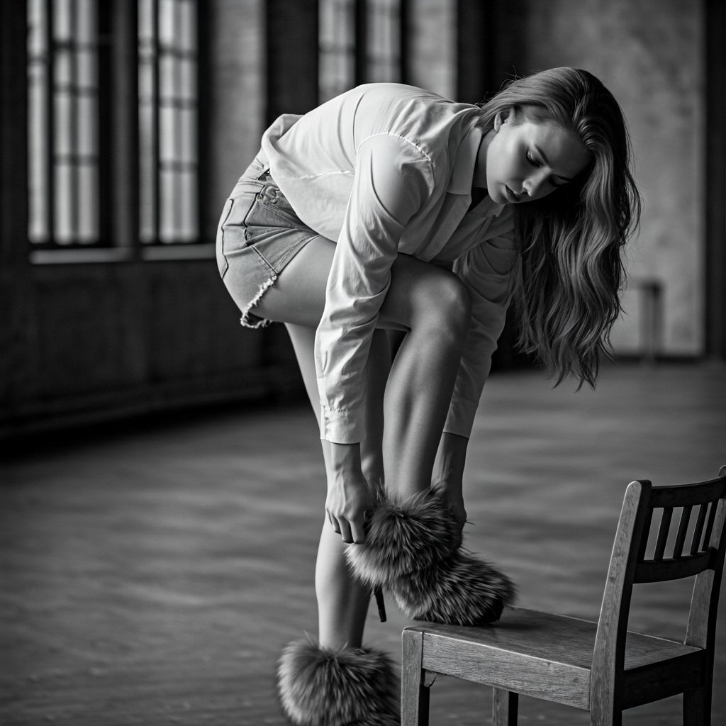 Woman Ties Fur-Trimmed Shoe in High Contrast Photo