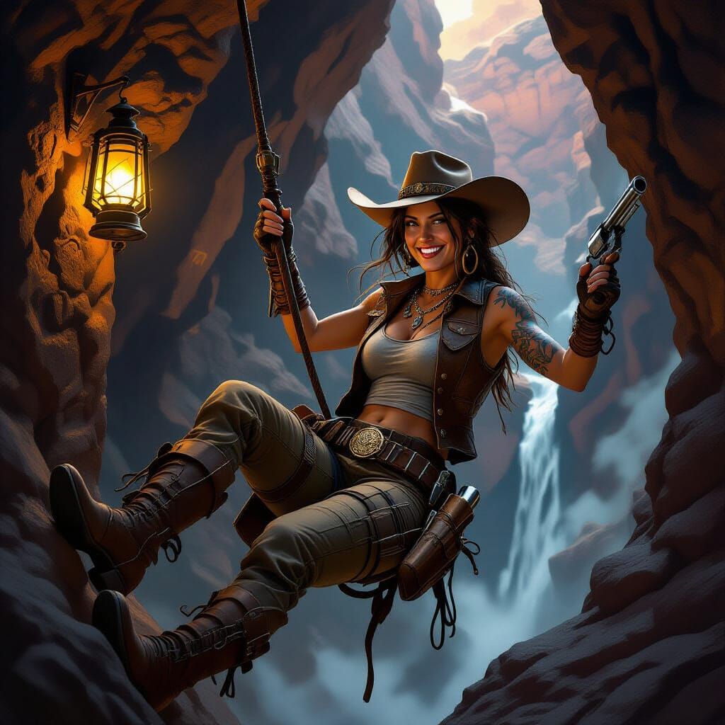 Treasure Hunter Cowgirl Rappels Into Glowing Canyon