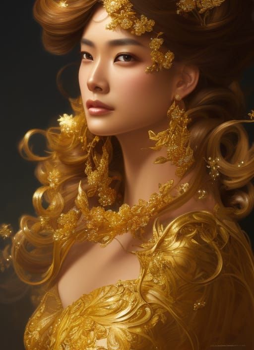 Maya Higa in Golden Gown: Hyperrealistic Portrait