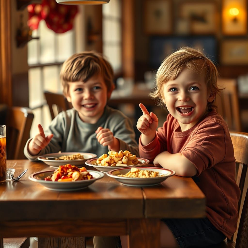 Kids Eagerly Await Dinner: Warm, Hyper-Realistic Style