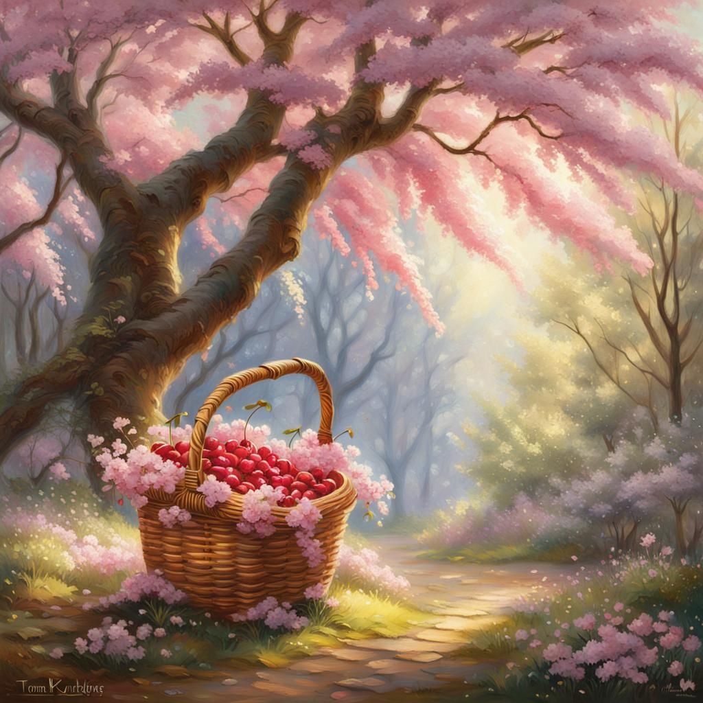 Cherry Basket Under Blossoms: Ethereal Oil Painting